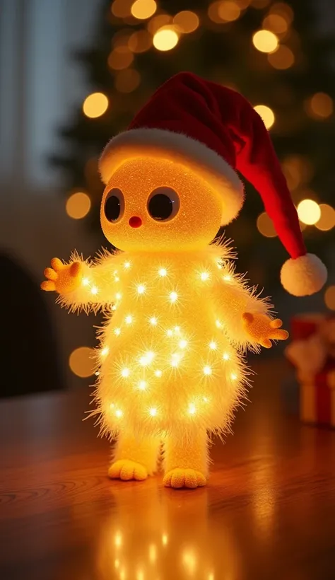 Wide angle, (  masterpiece  :1.2),  top quality,  and a star-like body wearing a Santa hat, Shining body, Dancing,  Christmas, A supernatural creature with a face like a light bulb ,  big eyes,  on the table ,  photo realistic, hyper realistic,  top qualit...