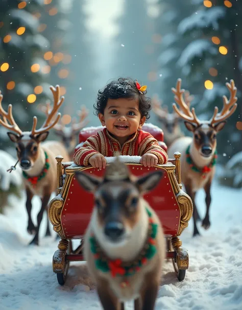 CHRISTMAS, one year old indian  STEALING SANTA&#39;S SLEIGH pulled by reindeer , snowy christmasy background, eyes facing the camera