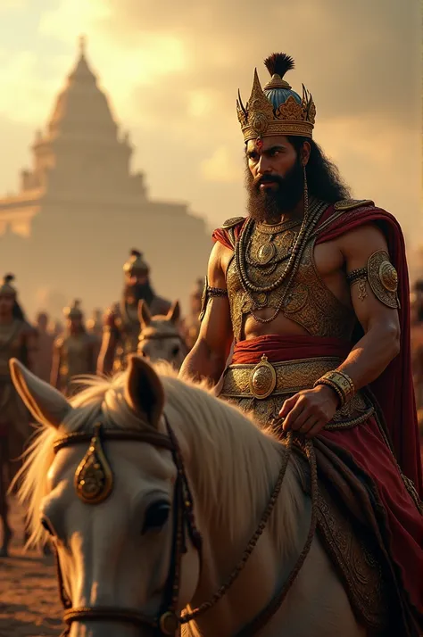 :
King Vikramaditya, a regal figure wearing royal armor and a crown, arrives in Ayodhya on horseback, leading a small hunting party. The landscape is barren, with traces of the abandoned city visible in the background. As the king dismounts, mysterious gol...