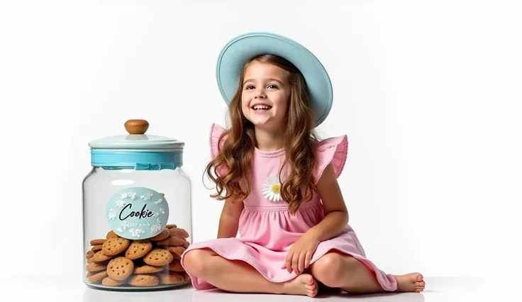 A young girl with long, wavy brown hair smiles joyfully while sitting on light blue ribboned glass cookie jar labeled with the name cookie corner. She wears a pink dress adorned with white daisies and ruffled sleeves. A light blue hat rests atop her head, ...