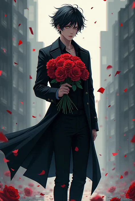 Korean comics，Boy with short black hair ，Wearing a black trench coat， holding a bouquet of roses，Pixelgraphy。 Watching the Audience ， faces forward。Pants