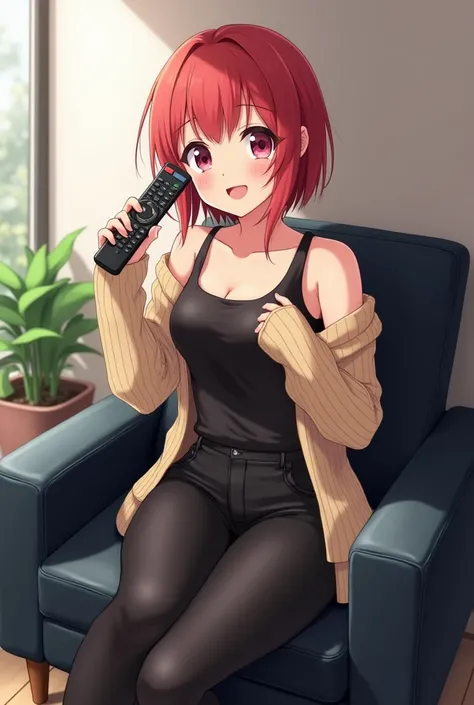 Anime Teenage Woman Has Short, Reddish Hair, with big and expressive eyes of pink color or similar She wears a beige knitted sweater that leaves a bare shoulder and has a black leather t-shirt without bare shoulders and black leather pants and black leathe...