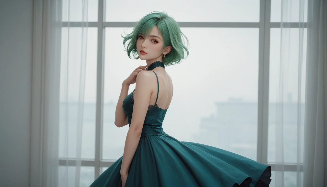 1girl, green hair, red eyes, dress, short hair, (solo:1.3),  