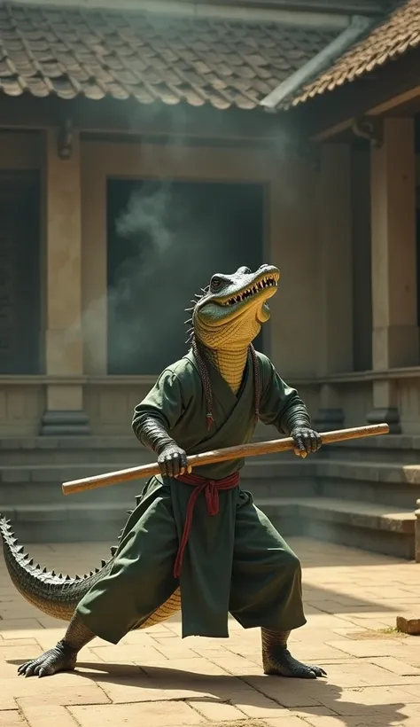 cinematic portrait of Crocodile Ninja practicing kung fu using a stick, in the courtyard of a Javanese temple