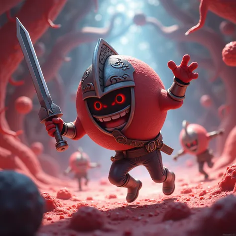 A white blood cell holding a sword and wearing a helmet, attacking a fleeing human, animated