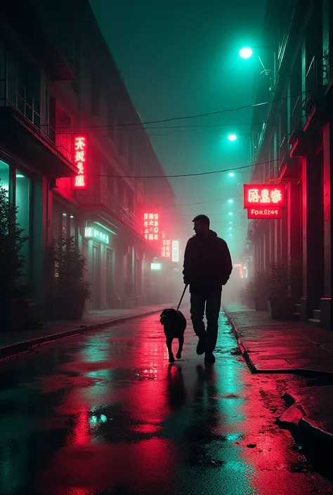 the man walking a dog on the night at the street mix light red green pink light