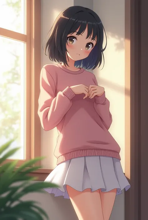 Anime mature girl with pink sweater and white short flared skirt. She has medium breast and short black hair. She is standing and leaning her back against the window and looking to the camera at morning. She is putting her hands in her sweaters pocket