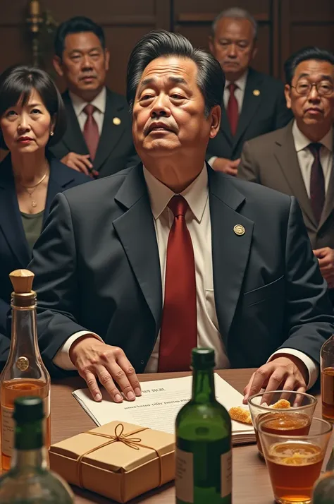 President Yoon Suk-yul is drunk .  There are plenty of bottles of alcohol on the table, and there are lots of snacks.  There is a package of documents on the table, .  The Minister of Defense is also drunk on the stomach . , his wife is surprised .