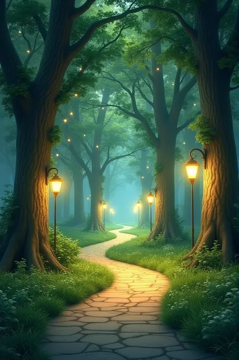 A green path ,  with white lights hanging from trees, Lampposts