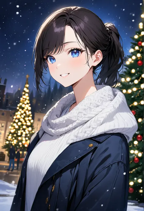 (masterpiece, best quality:1.3), A young woman, 19-years-old, solo, Caucasian, black hair tied in ponytail, swept bangs, average height, mature face, blue eyes, smiling, long black trench coat, white knit sweater, blue jeans, Christmas tree, outdoors, nigh...