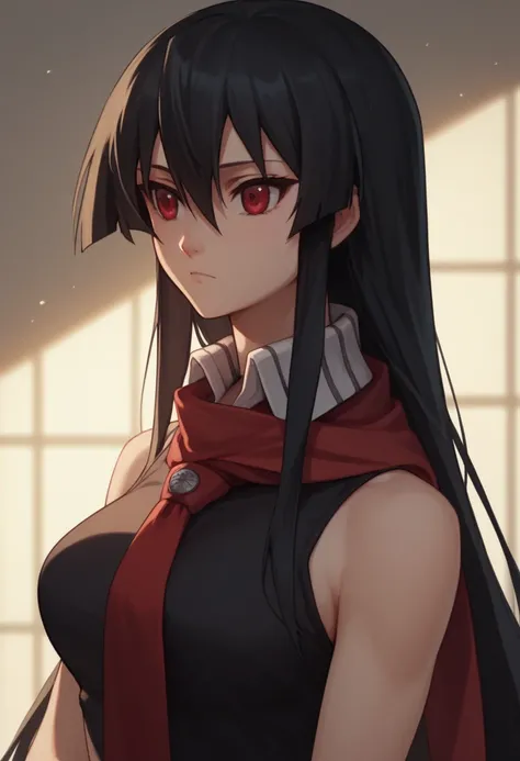 1girl, solo,akame, long hair, black hair, red eyes, hair between eyes,wearing a black shirt and remove the sleeves so that her arms and a little of her bust can be seen., with red scarf, and with white pants