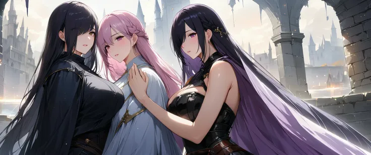 (masterpiece, UHD, 8K, 16K, ultra detailed, best quality:1.2), illustration, yuri, 2girls, (duo focus), Ily(girl on left, white long braided hair, hair over one eye, pink eyes, looking at Rize, praying, using a sister dress, priestess), Rize(girl on right,...