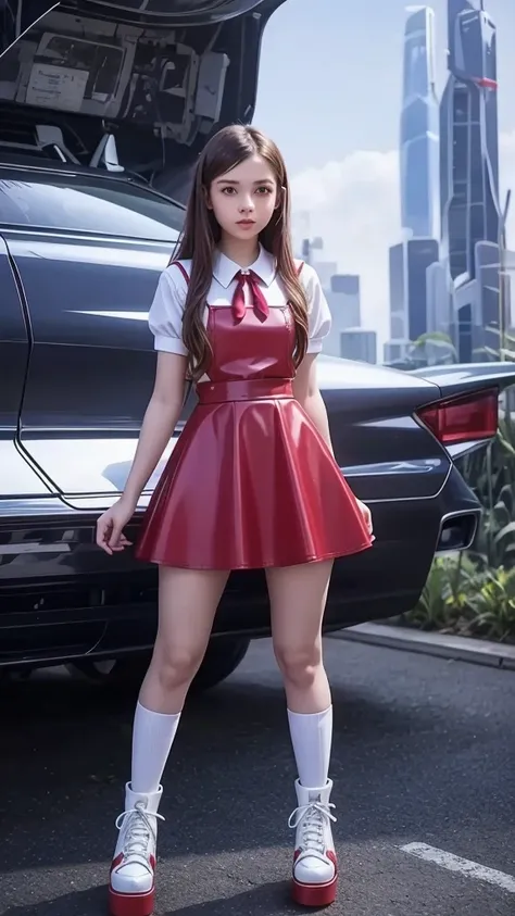 full body , fitted figure , cute beautiful pioneer schoogirl, beautiful cute teen face with big lips , High Waisted red leather skater pinafore dress, blouse short puffy sleeves , High Waisted red leather skater dress, red pioneer neckerchief , brunette lo...