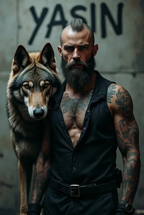 A guy with tattoos all over and wearing a black outfit and a cigarette in his mouth and a gray wolf sitting next to him and the word "YASIN" written on the black wall behind him.