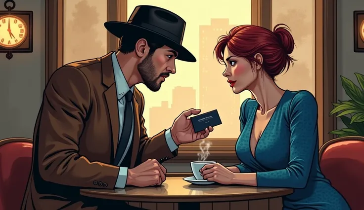 A man in a hat and suit approaches a fat adult woman with short dark red hair, in a blue dress, leaves a business card on a table in a cafe .
 A man wearing a brown suit and a black hat .  Image style - Marvel Comics 