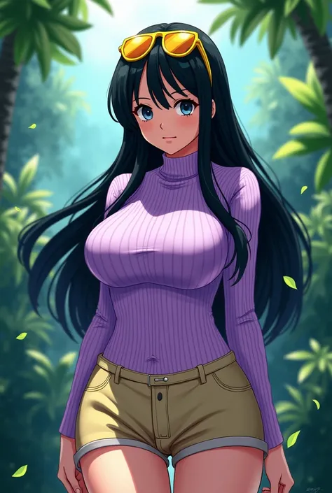 nico robin, one piece, one piece: zou, 1girl, black hair, breasts, closed mouth, gigantic breasts, lilac sweater, turtleneck sweater, lilac turtleneck sweater, short beige pants, yellow sunglasses on head, zou outfit, long hair, long sleeves, looking at vi...