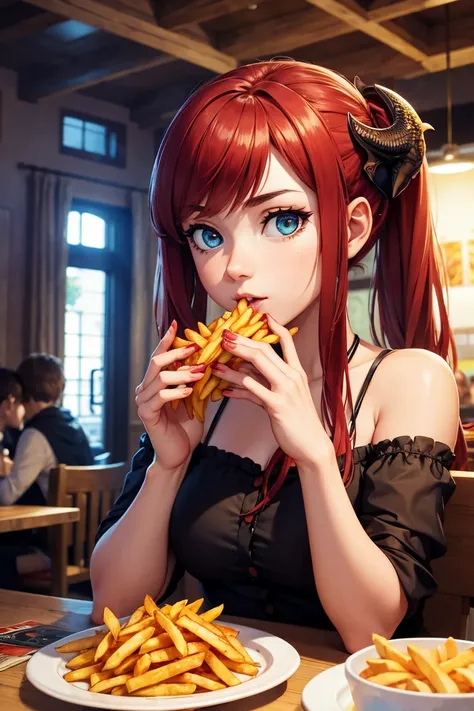 A dragon girl eating French fries with her friends