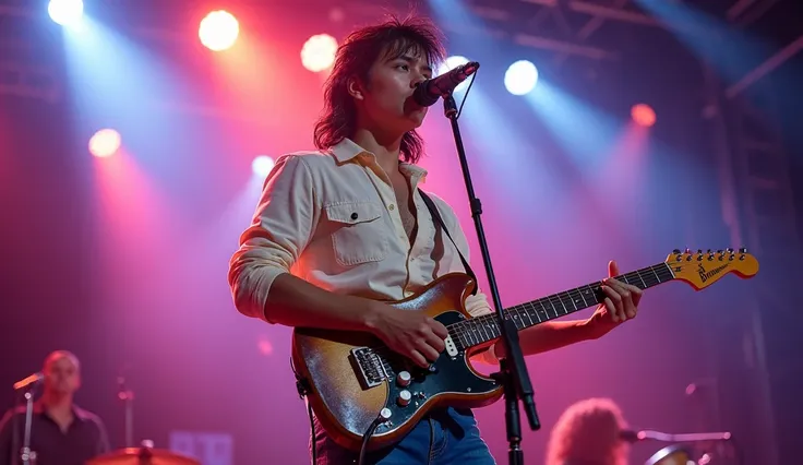 A 27-year-old male singer,  with sparkling dark hair in a mulet style ,  dressed in cream sleeves and blue jeans .  Singing while playing guitar at the stage, high Resolution, looking at viewer