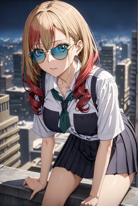 masterpiece, best quality, high quality, detailed, ultra detailed, hyper detailed, exquisite, insanely detailed, beautiful, FHD, Full-HD, 4K, 8k, 16k, highres, absurdres, 1 woman:1.4, ((sunglasses:1.4)), big breast, ((thin khaki hair:1.4, red hair:1.4, gra...