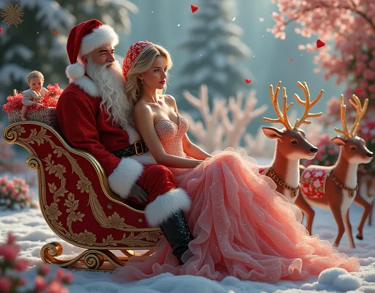 The vibrant color combination of pink and blue full body supermodel with the cheerful handsome supermodel in a super detailed and meticulous Santa Claus costume, both of them are very beautiful and super clear in detail, the super beautiful and super sexy ...