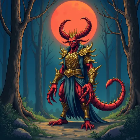 hand drawn illustration of a djinn monster wearing the golden armor of a scorpions milo in the middle of the forest at night with a red moon,  conceptual art,under the，  anime style  ，Dreamland Wonderland、Fantasy，    masterpiece  ，HD，colorful，detailed deta...