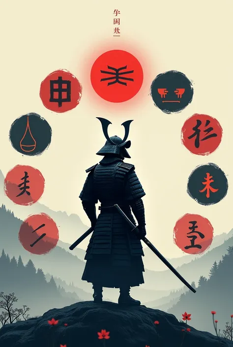  A mobile wallpaper with the symbols of the 7 virtues of bushido and a samurai in the background. You emphasize the virtues of bushido 