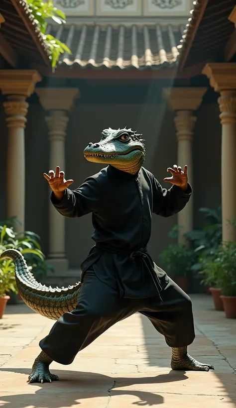 cinematic portrait of Crocodile Ninja practicing kung fu using a Wooden Dummy, namely a wooden doll used to practice Wing Chun or Jeet Kune Do kung fu, inspired by the film Bruce Le, in the courtyard of an Indonesian Javanese Muslim Mosque