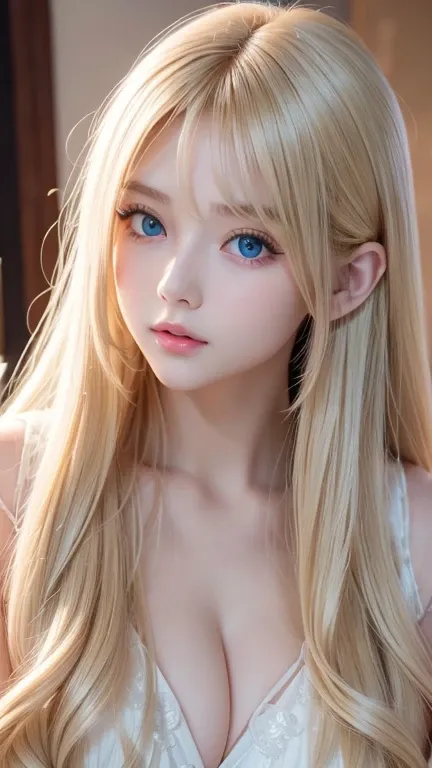 The most beautiful girl with long blonde hair in the world、 very beautiful shiny cute face 、Beautiful shiny white skin、Glowing cheek highlight、beautiful cute sexy pale blue eyes 、hair over eyes、hair over one eye、hair between eyes、 large double eyelid eyes ...