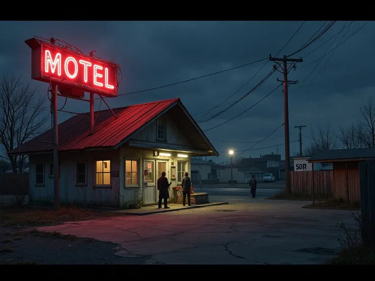 A rundown cheap Motel lot, with broken neon sign, on the city outskirt, night, noir-inspired 