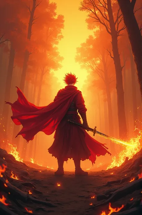 "A fierce swordsman with flaming red and yellow hair stands at the center of a burning forest, his katana ablaze with fiery energy. His cloak flutters dramatically as embers fill the air, and a determined, fiery gaze pierces through the chaos. The backgrou...