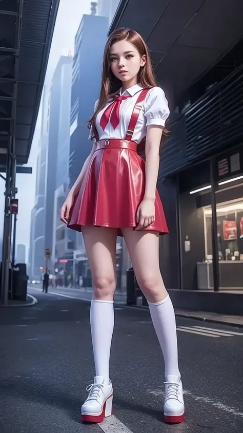 full body , fitted figure , cute  beautiful schoogirl, beautiful cute teen face with big lips , High Waisted red leather skater pinafore dress, blouse short puffy sleeves , High Waisted red leather skater dress, red pioneer neckerchief , brunette long hair...