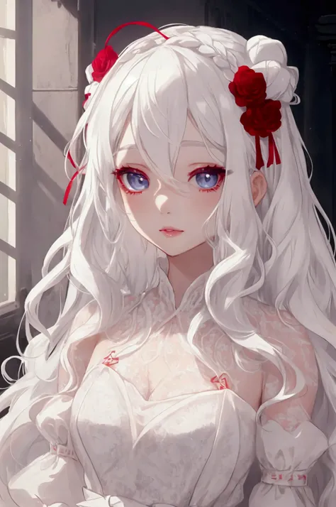 White hair with waves .  Beautiful lips .  White skin and eyes like red jewels {x} Wearing a white lace dress with small ribbons on the hair.  Long eyelashes 