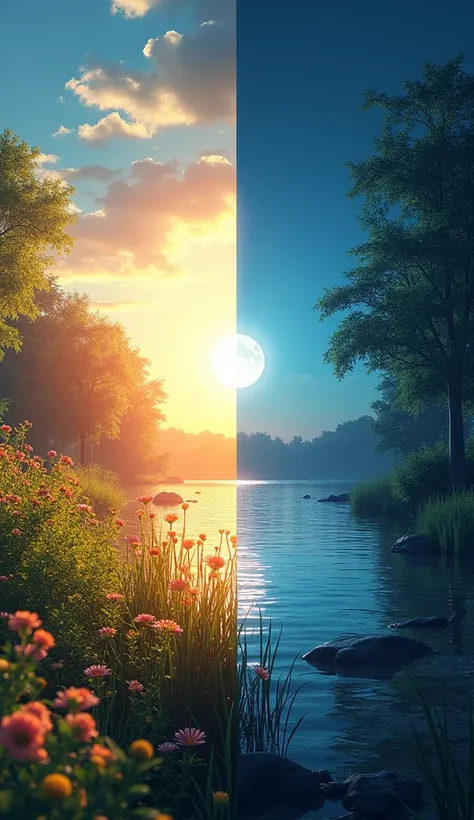 A split-screen image showing two scenarios: a colorful, bright sunny day (cone vision) on one side and a serene, dimly-lit night scene (rod vision) on the other.