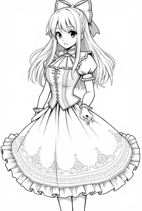 Image is a black and white manga-style illustration featuring a female character with long, flowing hair tied with a large bow. She has large, expressive eyes and a determined expression. Her outfit is a detailed, Victorian-inspired dress with a high colla...