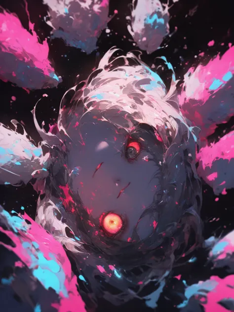  Portrait of a monster girl with wide eyes , , a sly smile, with both completely black eyes looking up., scary , Extremely wide-angle ,  pellet  ,  Mysterious colors  , , infrared light  . Very detailed,  photorealistic ,  splashes, diffused, , spatter , C...