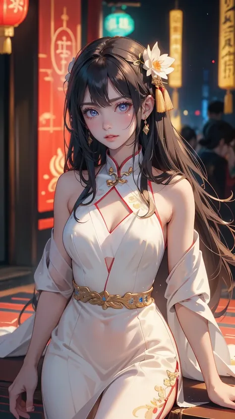 (masterpiece, best quality, photorealistic), woman, solo, perfect slim fit body, Small breasts, wavy hair, hair ornaments, big gorgeous eyes, faint smile, parted lips, china dress, scenery in ancient China with neon lights, artistic, vibrant