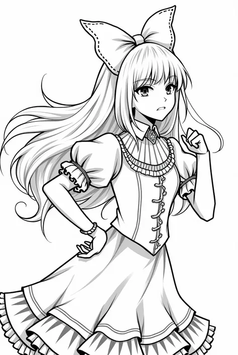 Image is a black and white manga-style illustration featuring a female character with long, flowing hair tied with a large bow. She has large, expressive eyes and a determined expression. Her outfit is a detailed, Victorian-inspired dress with a high colla...