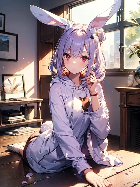  realistic, top quality,  Ultra Details ,  LONG PONYTAILS ,  THE MOST DELICATE AND BEAUTIFUL , Floating softly,  high definition , ( 1 girl ), ( Max Image,4K,8k,masterpiece:1.2), ( light purple hair:1.5),(Rabbit ears:1.5),( bun hair:1.3),( red eyes:1.5),(W...