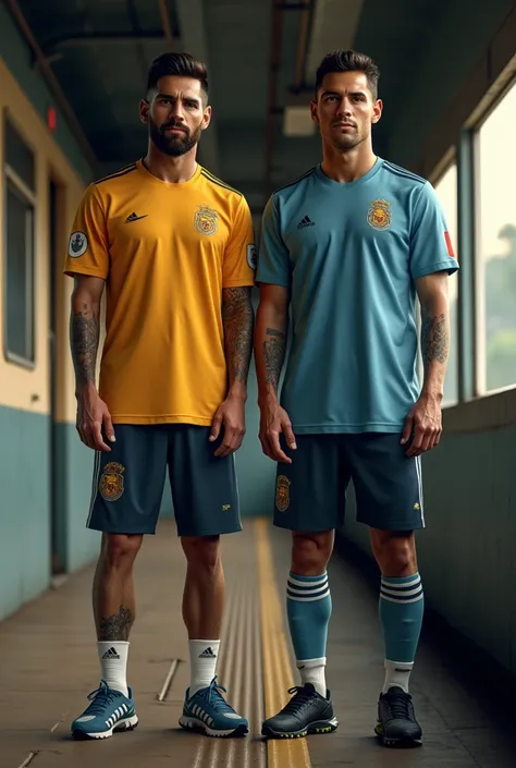  Generate A  Hyper Realistic Image Of Lionel Messi  Wearing Casual Dresse And Ronald Wearing Casual Dress And  Standing On A Kerala Crowdless Local Train 