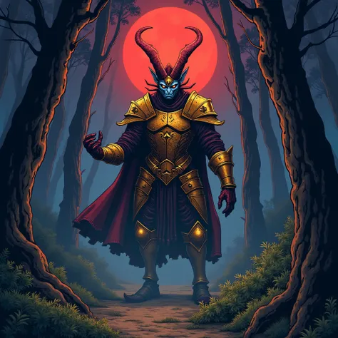 hand drawn illustration of a djinn monster wearing the golden armor of Aioros de Sargitario in the middle of the forest at night with a red moon,  conceptual art,under the，  anime style  ，Dreamland Wonderland、Fantasy，    masterpiece  ，HD，colorful，detailed ...