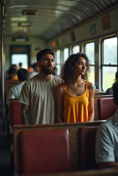  Generate A  Hyper Realistic Image Of Lionel Messi  Wearing Casual Dresse And Ronald Wearing Casual Dress And  Standing Behind The Crowdless Peoples On A Kerala Crowdless Local Train 