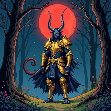 hand drawn illustration of a djinn monster wearing the golden armor of Aioros de Sargitario in the middle of the forest at night with a red moon,  conceptual art,under the，  anime style  ，Dreamland Wonderland、Fantasy，    masterpiece  ，HD，colorful，detailed ...