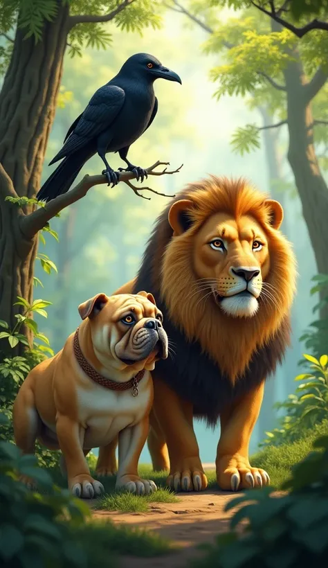 A crow and Bulldog and lion in the forest.