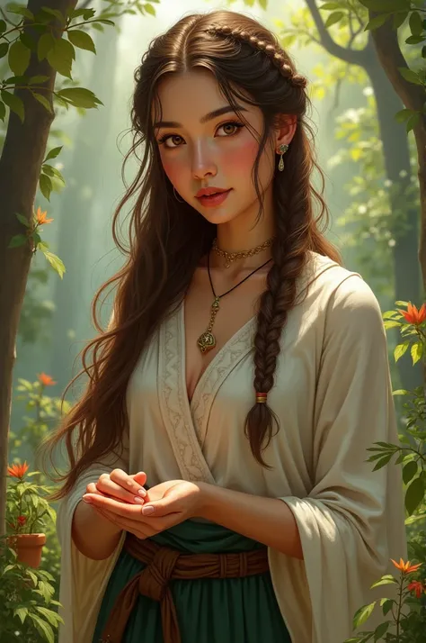 A gentle yet strong-willed herbalist with a soft, oval face, high cheekbones, and wheat-toned skin. Her long, hazel brown hair is either braided or flowing freely. Nasrin’s honey-colored eyes, with hints of gold, radiate warmth and empathy. She is of mediu...