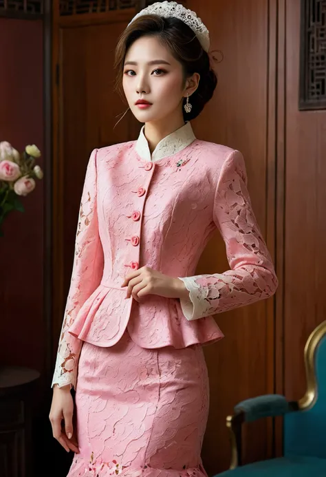 Best quality,  A Korean man is wearing a ladys skirt suit, Vintage skirt suit ,  Hes a female man ,  He has big breasts like a woman , A voluminous, feminine body,  His face is very masculine ,  His hair is masculine short , Pink, gorgeous luxury lady cost...