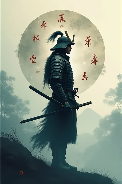 A cell phone wallpaper with the 7 virtues of bushido and a samurai in the background