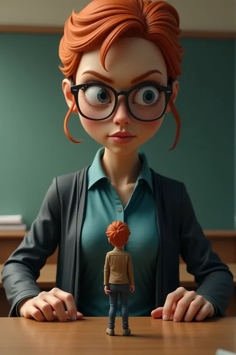  A giant teacher takes a serious look at her student , Who was shrunken .  Now hes so small that he cant even reach the teachers ankle,  who is redheaded and wears glasses .