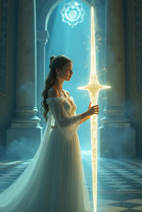 The princess touches the glowing sword, and a mystical aura surrounds her as a deep, resonating voice echoes, symbolizing divine protection and truth



