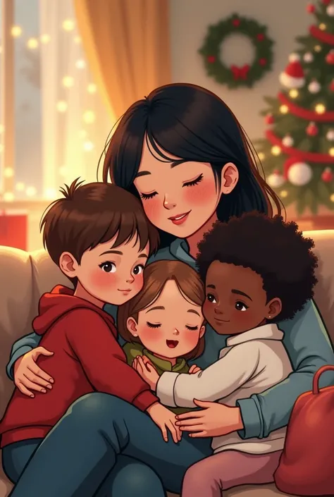  A cute drawing of a 30-year-old nanny with black and red hair on a couch with a Christmas atmosphere and 3 ren cuddling with him. 1  white boy , 1 petit garcon noir de 3 ans, et une petite fille blanche de 2 ans 