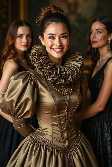 (realistic photograph close up), (a pleased beautiful Caucasian lady with (messy hair bun), she is wearing (an elaborate glamorous silk gown with (long gigantic puffed sleeves), (and with an ultra high tight stand-up collar up to her cheeks) (with a gigant...